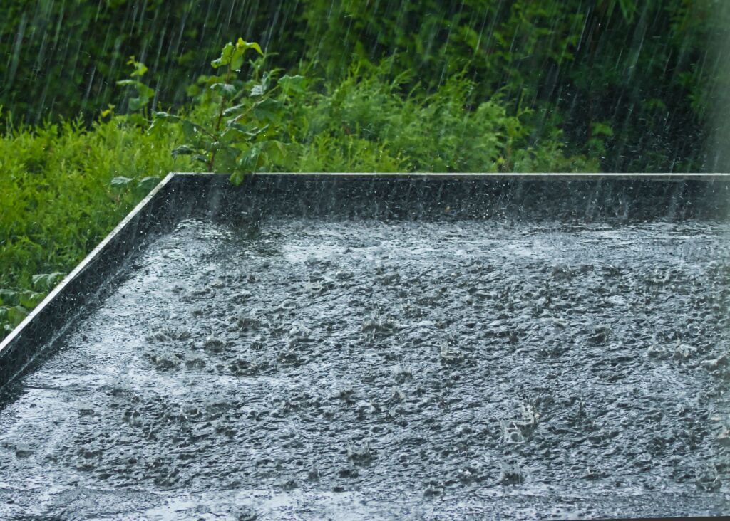 Heavy rainfall creating ripples and splashes in a rectangular water container with lush green vegetation in the background
