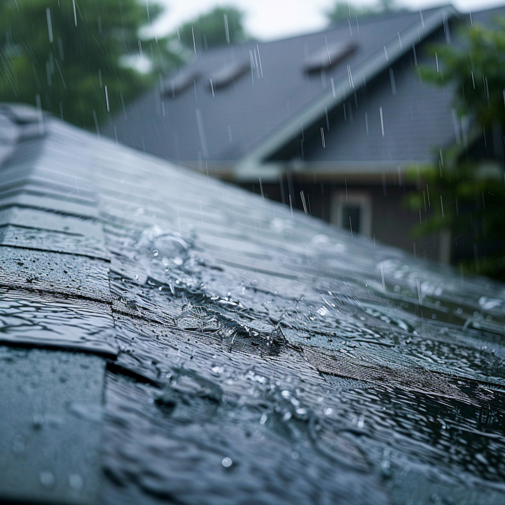 Rain drops splashing on weathered wooden deck with house roof visible in blurred background during heavy rainfall