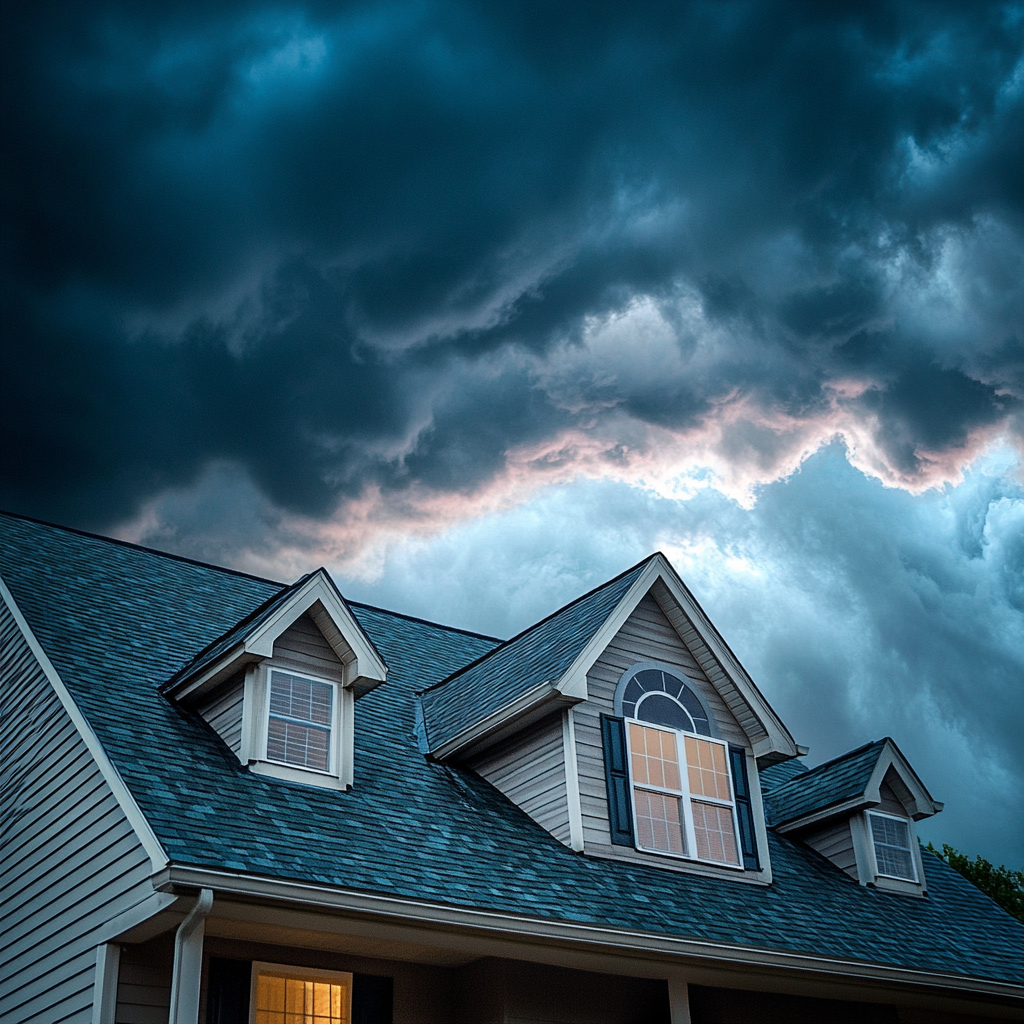 House with dormers under dramatic stormy sky with dark blue clouds and pink sunset light breaking through